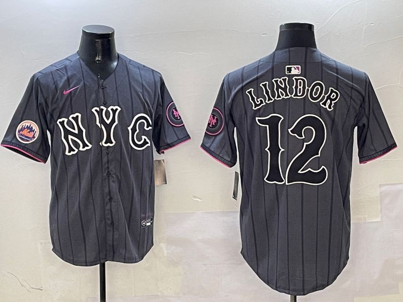 Men New York Mets #12 Lindor Black City Edition 2025 Nike MLB Jersey style 2